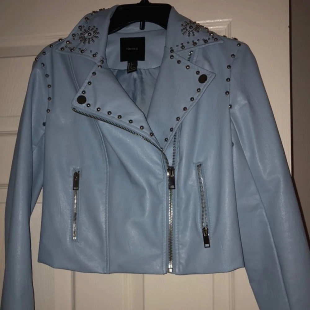 Baby blue leather jacket